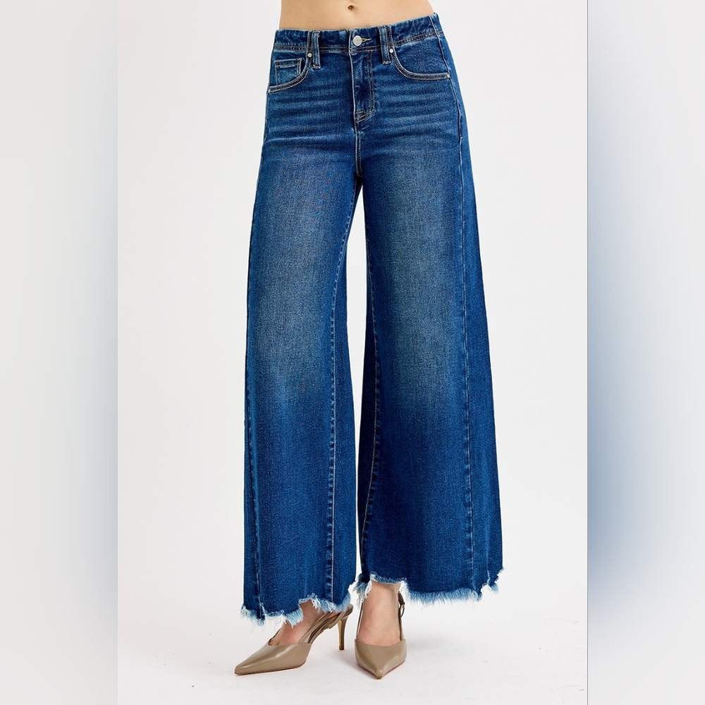 Risen High Rise Ultra Wide Leg Ankle Jeans Raw Frayed Hem Denim Relaxed Fit Pant - Picture 9 of 16